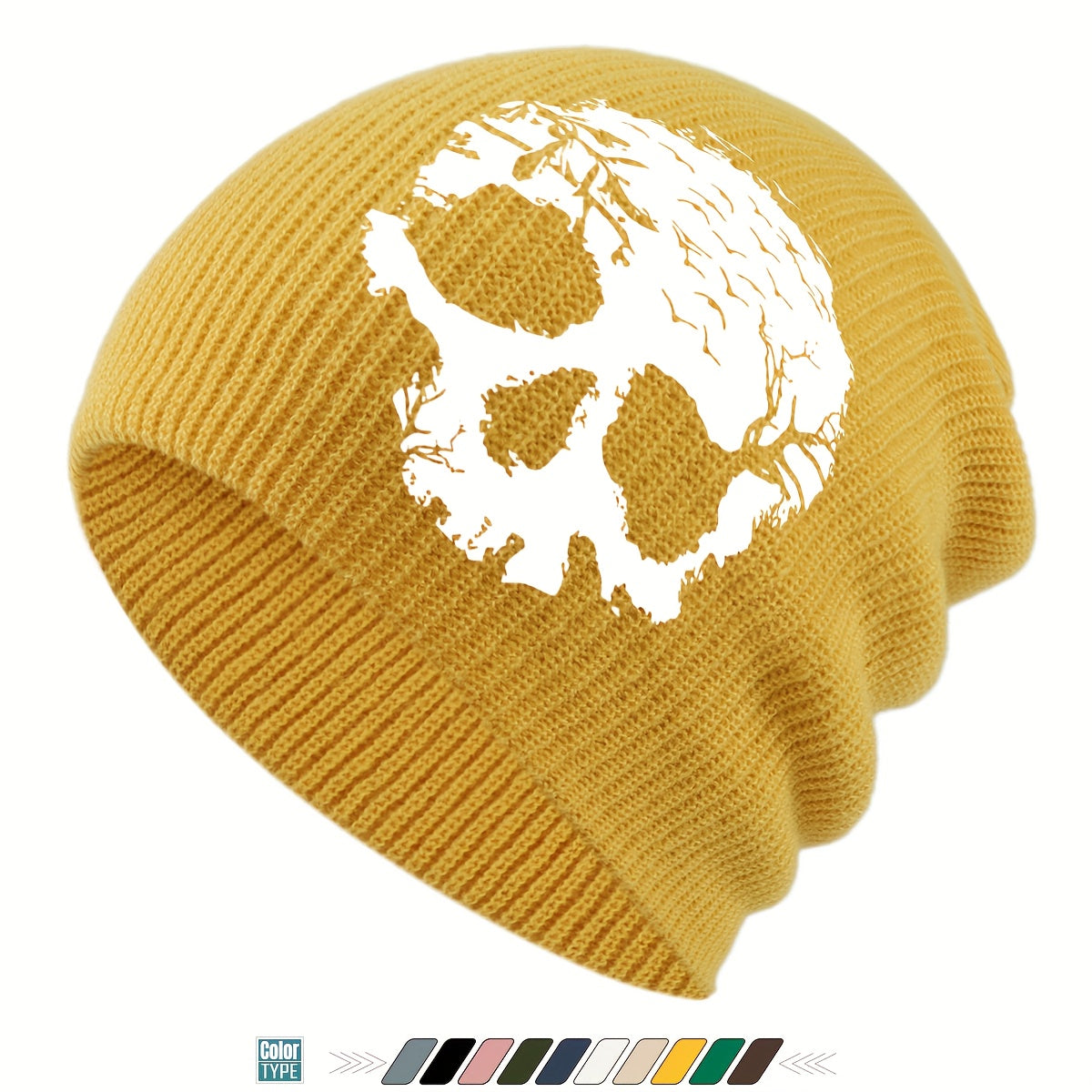 1pc Gothic Skull Print Beanie Hat - Soft Stretchy Winter Skull Cap with Elastic Band, Lightweight Warm Unisex Beanie for Men & Women, Gothic Style for Halloween, Christmas, Casual Attire - Black, Grey, Yellow, Pink, White & M