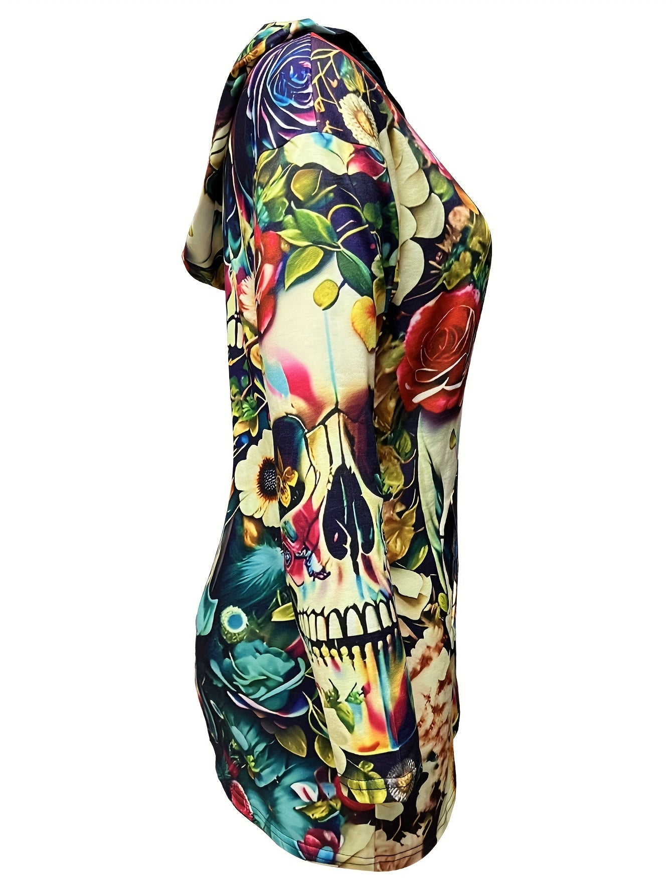 1pc Women'S Colorful Skull Hoodie Dress, Casual Polyester Knit with Slight Stretch, Long Sleeve Hooded Pullover with Pockets, All Over Print Loose Fit, Fall/Winter Fashion