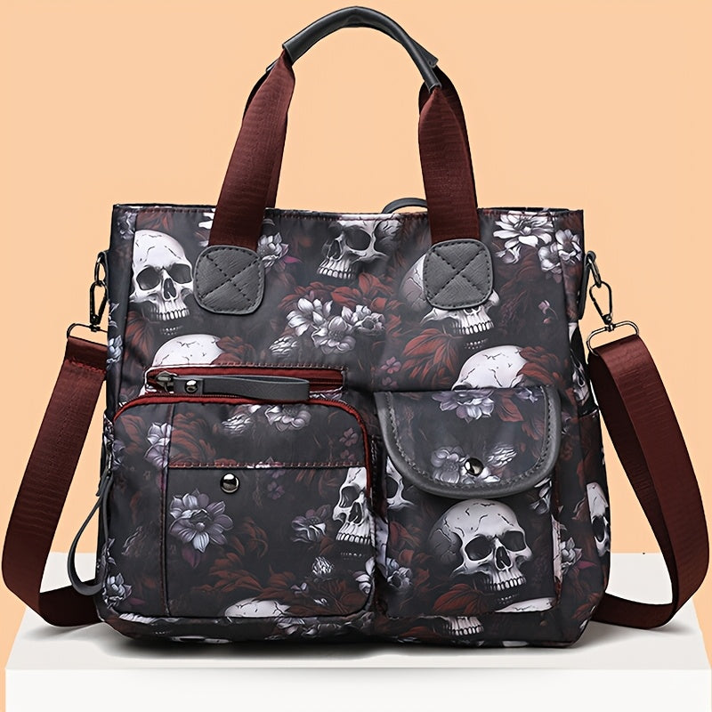 Perfect Lily Women's Punk Style Skull & Floral Print Crossbody Tote Bag - Red/Blue Nylon Multi-Pocket Handbag with Detachable Adjustable Shoulder Strap, Zipper Closure & Polyester Lining for Daily Commute, Work, Casual Outing