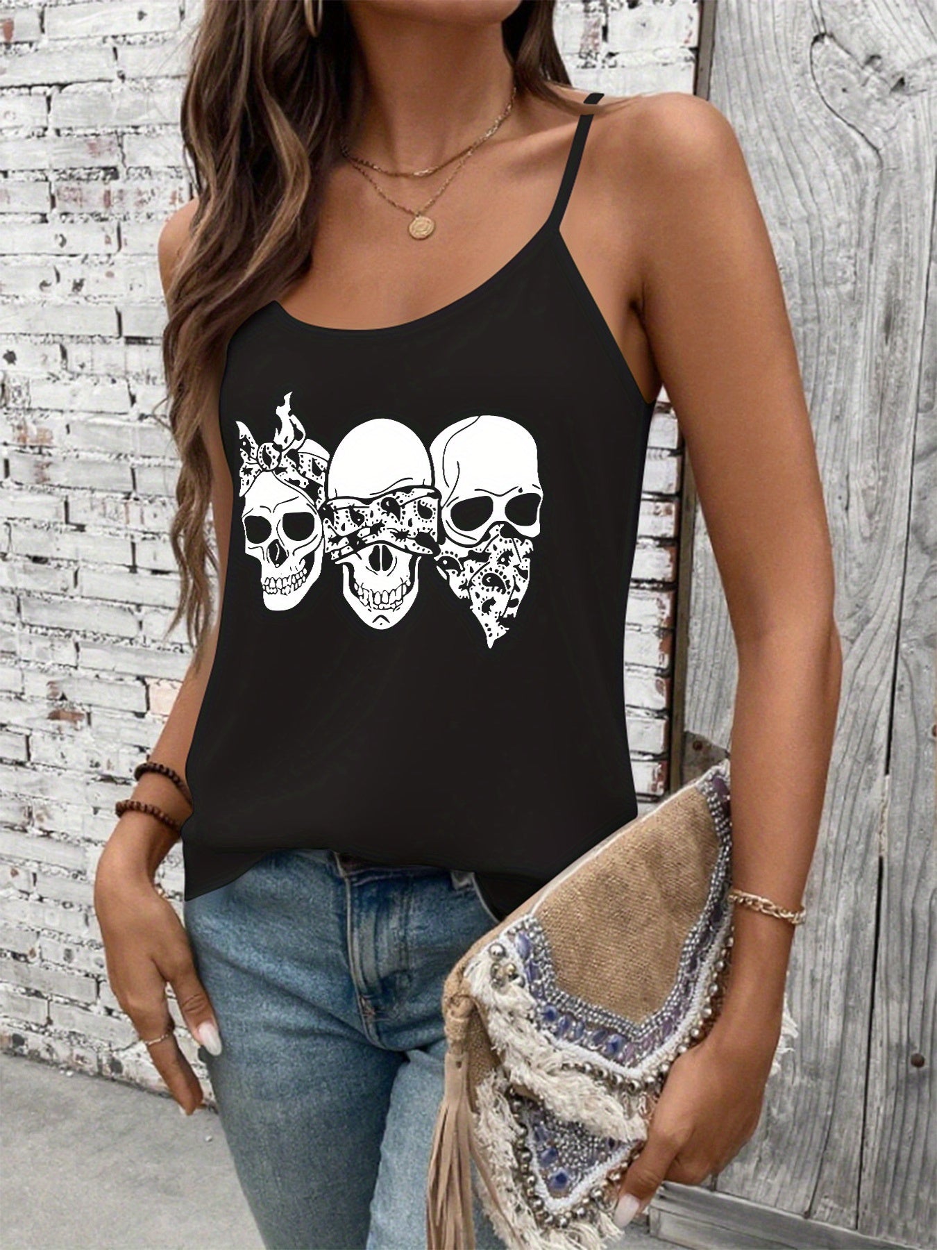 Women'S Sexy Gothic Graphic Tank Top - Sleeveless Shirt with Skulls, Edgy Streetwear Outfit for Concerts, Parties & Casual Attire - All-Season Fashion Statement Piece, Party Attire, Trendy Fashion, Comfortable Fit, Casual Wea