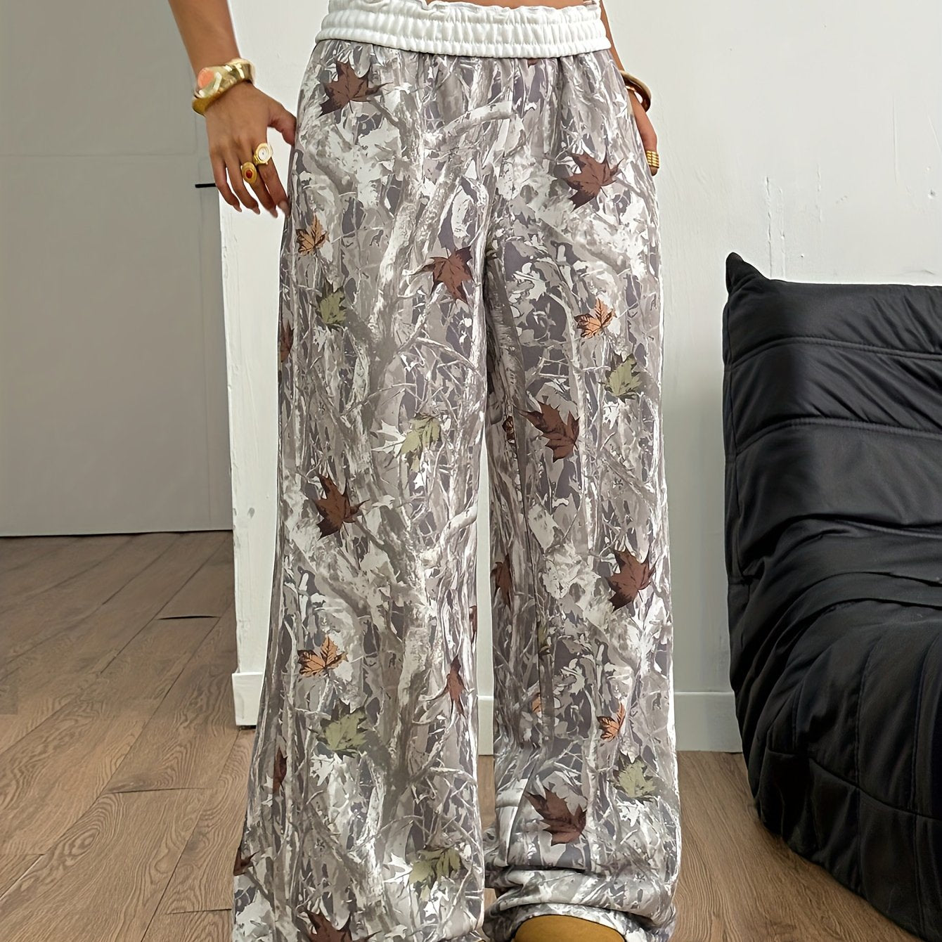 Women's Elegant Winter Pants - Brown/Beige/Tan Camouflage leaf & tree branch print with White Belt - Wide-Leg Trousers with Pockets - Machine Washable Formal & Everyday Pants for Fall/Winter - Brown/Beige/Tan Tones - Office,