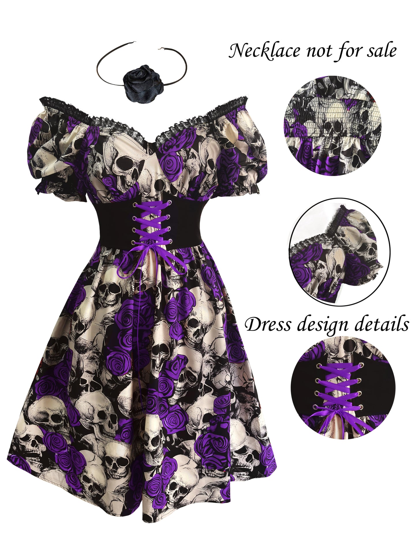 Women's Gothic Y2K Skull & Rose Print Gothic Victorian-Style Dress with Ruffled Hem & Spaghetti Strap - Lace-like Sleeve Neckline, Corset Back Closure, Machine Washable - Elegant Party Outfit for Halloween, Day of the Dead, T
