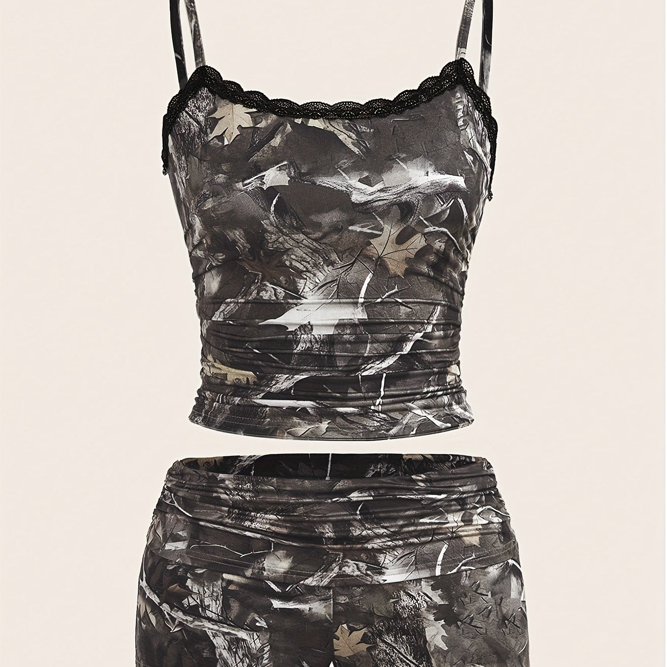 Camouflage Print Cami Top and Ruched Waist Shorts - High Stretch Polyester Blend, Spaghetti Straps, All-Season Wear