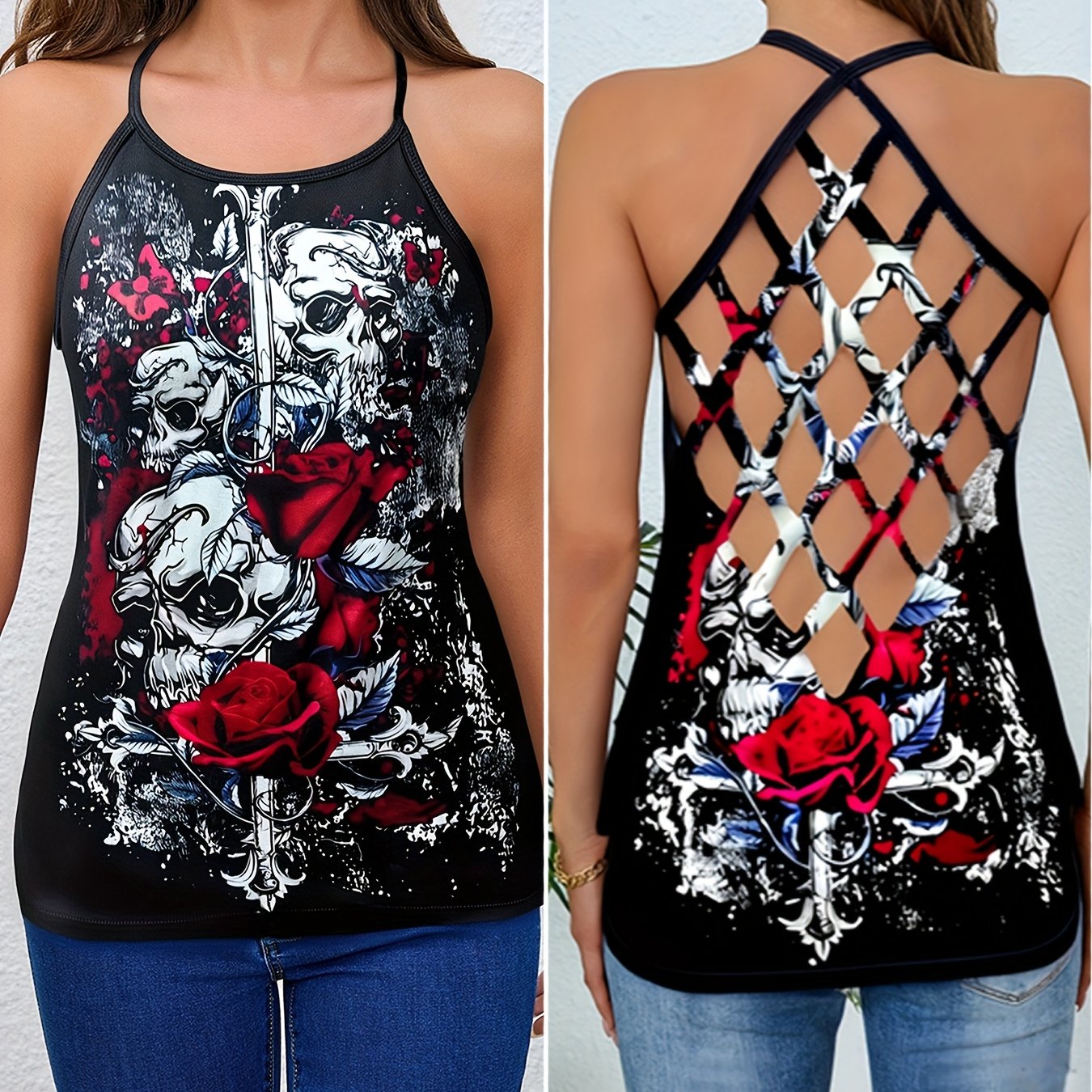 [Halloween] Women's Gothic Crossed Skull & Roses Backless T-Shirt - Edgy Halloween Party Top with Crisscross Strap, Non-See-Through Fabric for Costume Events, Everyday Gothic Outfits - Year-Round Dark Aesthetic Tee, Goth T Sh