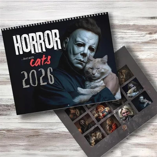 2026 Halloween Horror Movie & Cat Wall Calendar - 11x8.5 Inch Spooky Yearly Planner with Daily View, Black Humor Art & Weird Cat Illustrations | Detailed Horror-Themed Calendar for Home/Office Decor | Perfect Gift for Cat Lov