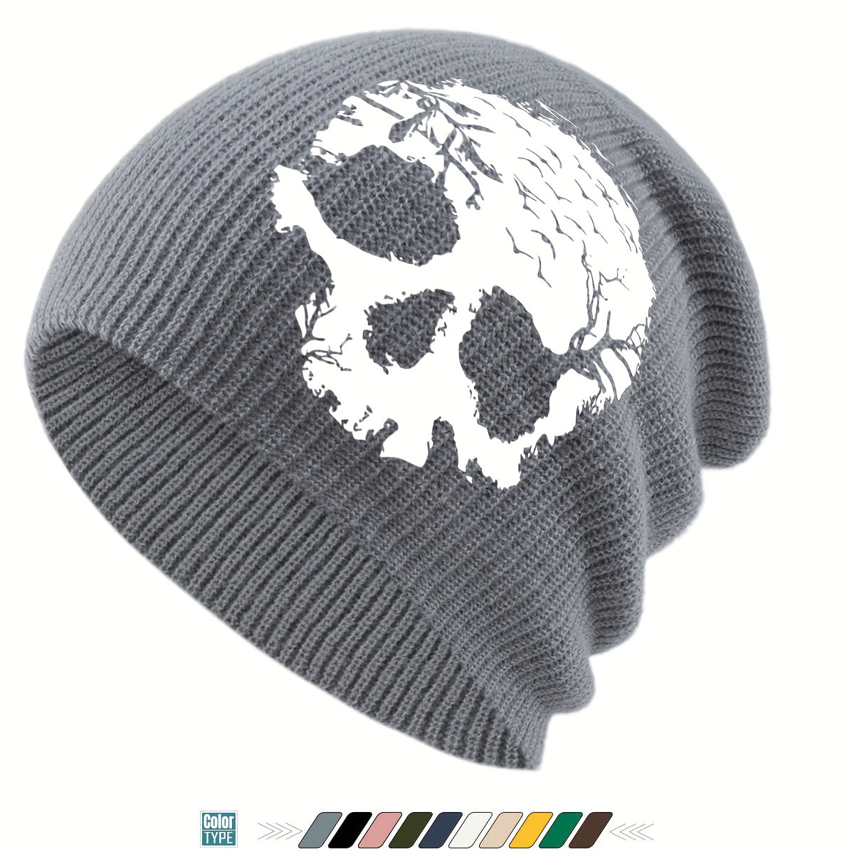 1pc Gothic Skull Print Beanie Hat - Soft Stretchy Winter Skull Cap with Elastic Band, Lightweight Warm Unisex Beanie for Men & Women, Gothic Style for Halloween, Christmas, Casual Attire - Black, Grey, Yellow, Pink, White & M