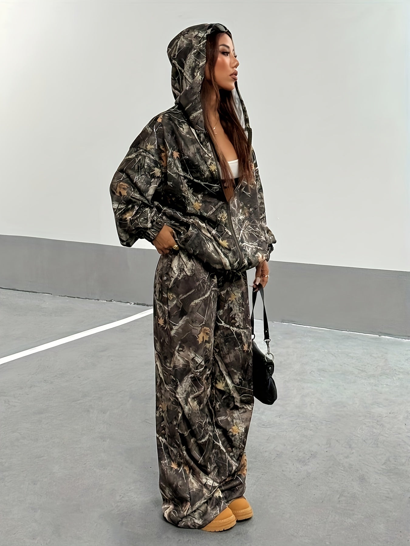 Y2K Women's Autumn-Winter Retro Leaf Print Hooded Loose Sweatshirt Two-Piece Set