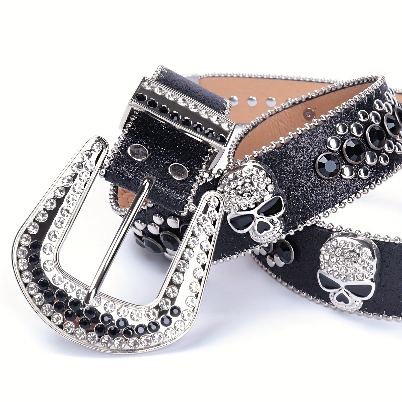 YIQIFEFA Punk Rhinestone & Stud Skull Belt for Women - Sparkling Black PU Western Cowboy Style Belt with Metallic Accents, Casual Outing to Party Accessory, Evening Accessory, Edgy Fashion Accessory, Stylish Craftsmanship, Al