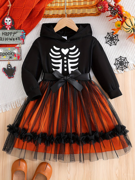 COVIVIKY Girls' Halloween Dress with Hooded Skull Design and Sheer Overlay in Orange