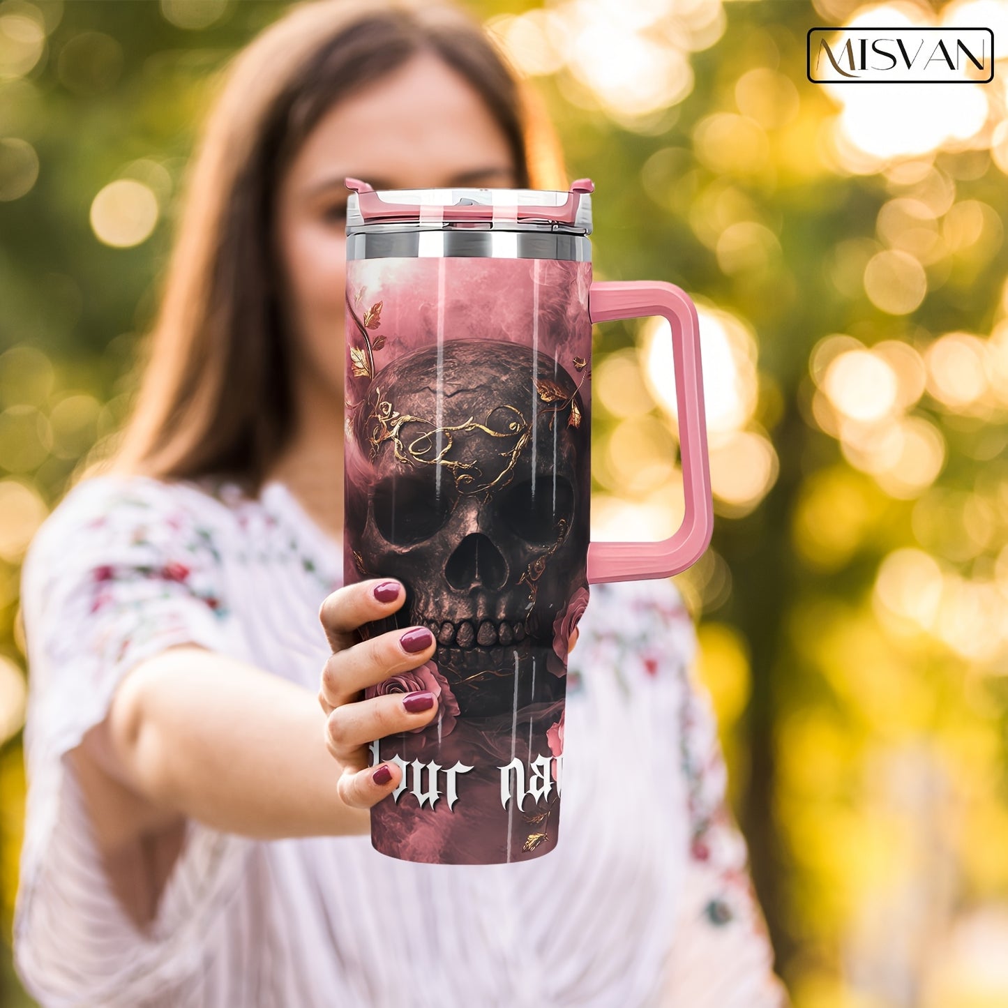 1pc MISVAN Personalized Tumbler with Lid - Custom Name Pink Golden Rose Skull Print 40oz Stainless Steel Insulated Water Bottle, BPA-Free Hot & Cold Drinkware for Outdoor Travel, Mother's Day Father's Day Graduation Gifts