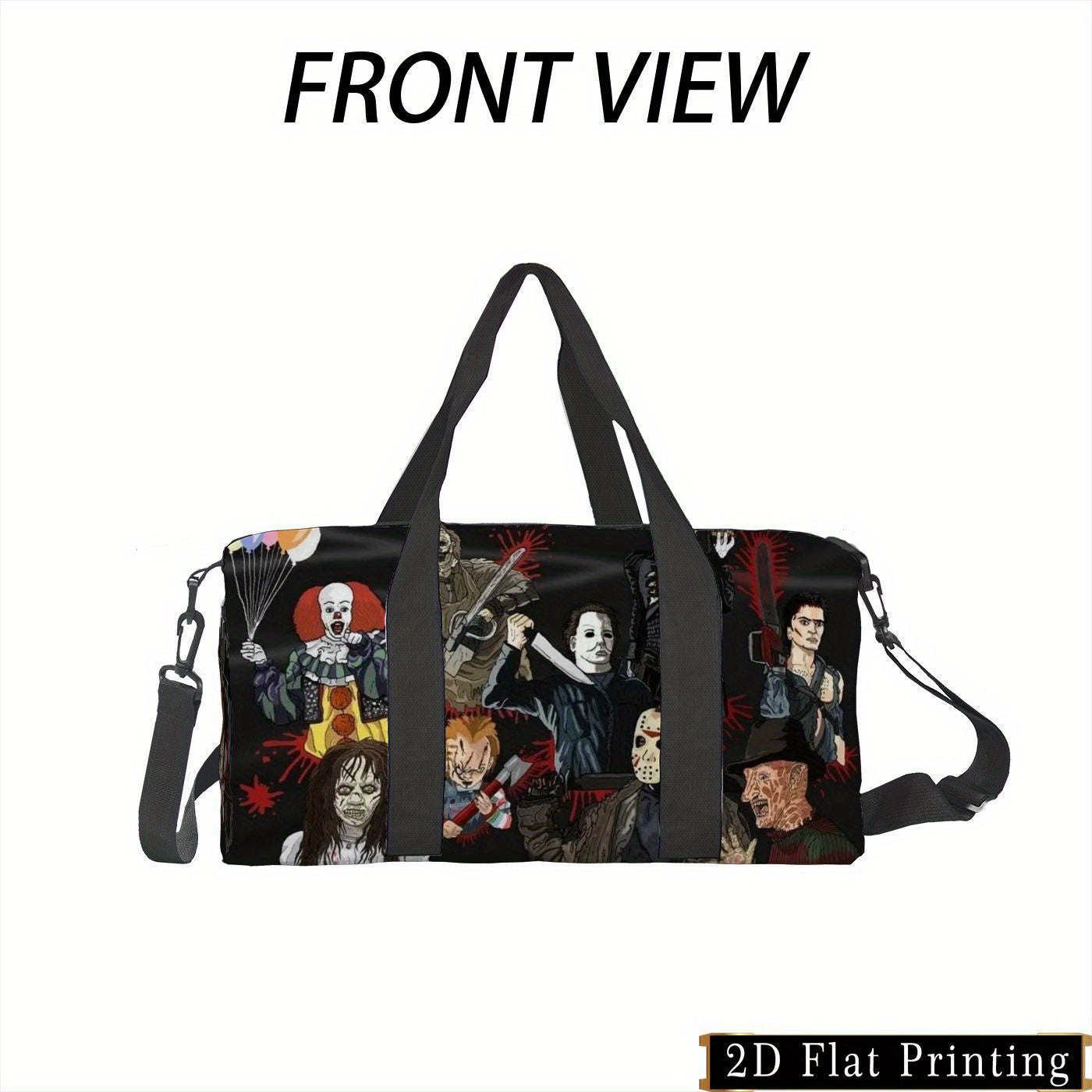 Large Capacity Travel Organizer Bag - Durable, Easy-to-Carry Luggage with 2D Flat Print Design for Sports & Airline Check-in, Multi-Functional Hand Washable or Dry Cleanable Storage Pouch Featuring Horror Movie Characters, 2D
