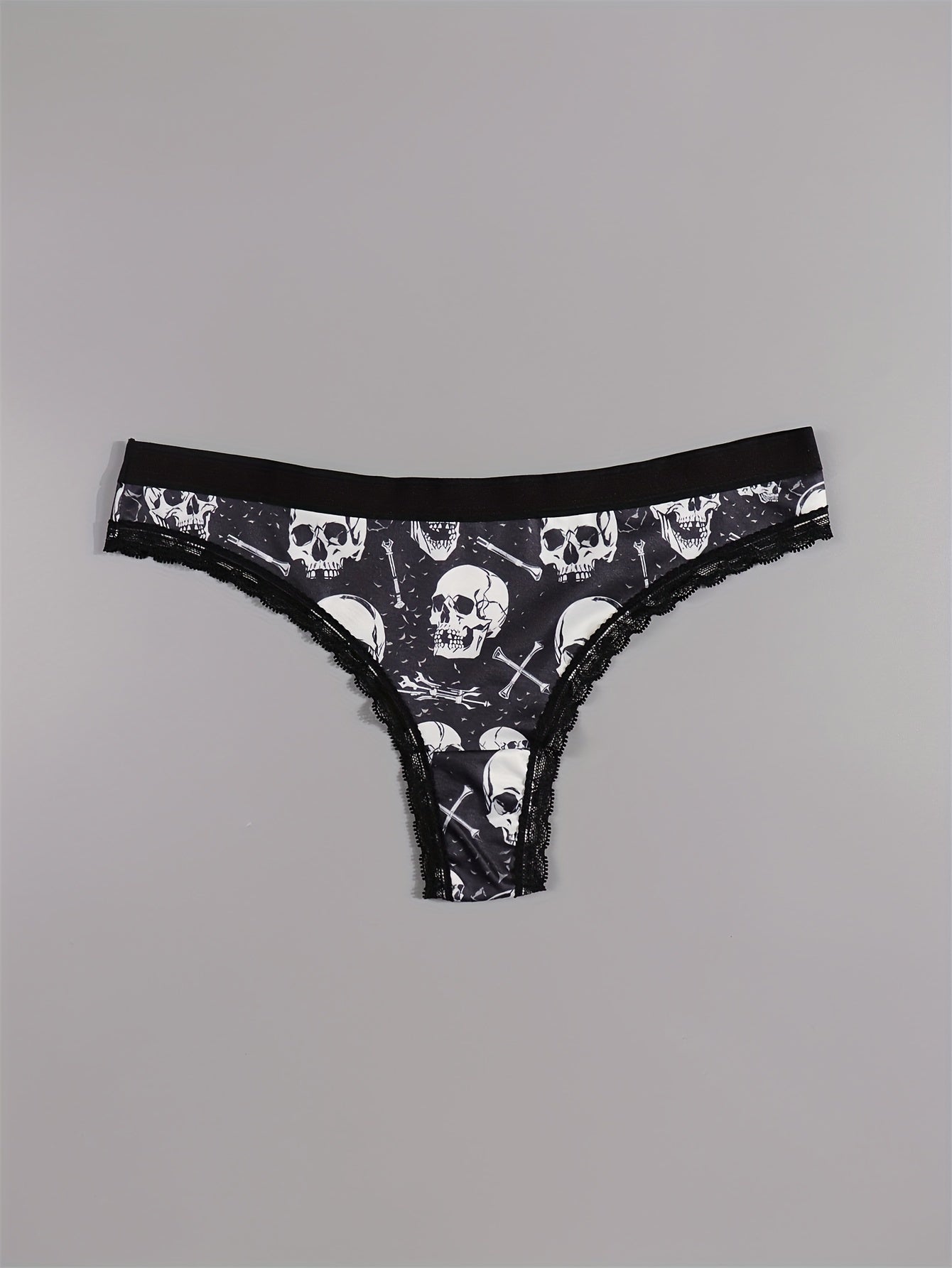 4pcs Gothic Lace Thong Panties - Black Skull & Eyeball Design with Mushrooms & Bats, Comfortable Silky Intimates for Women, Halloween-Themed Lingerie, MORVIA Brand, Halloween Lingerie | Skull Print Design | Silky Texture, Hal