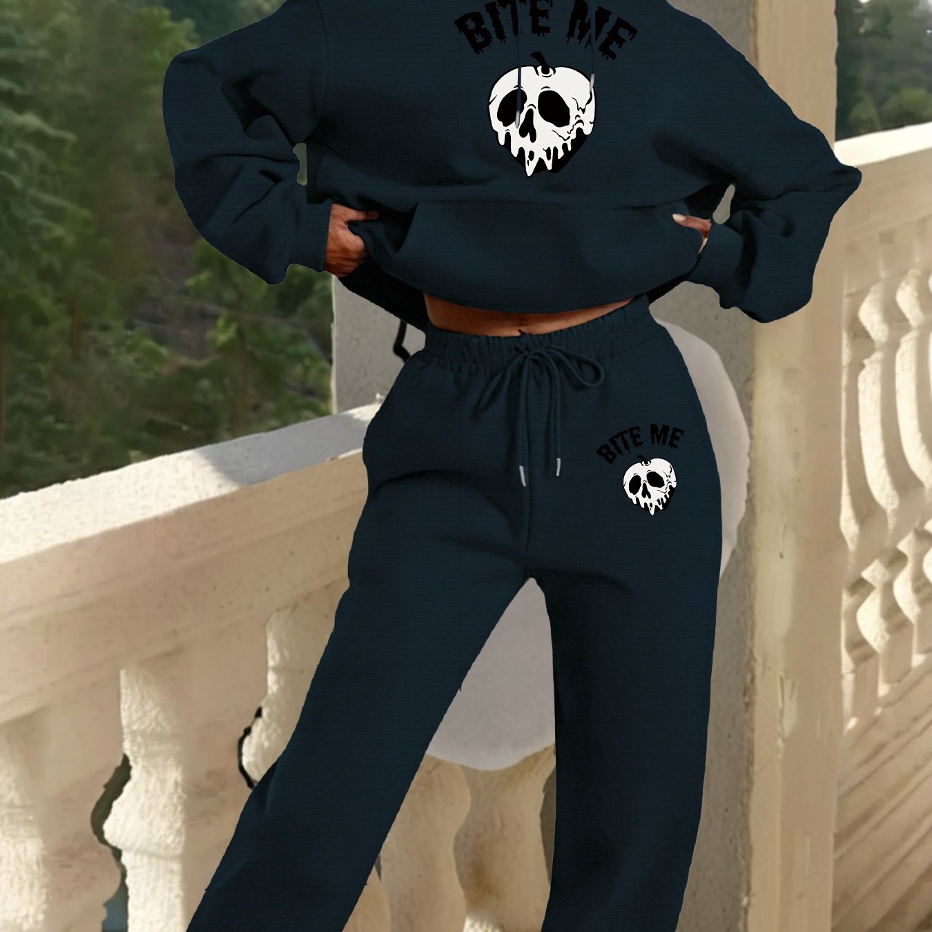 Women'S Gothic Hoodie & Sweatpants Set - Black with White Skull Graphic, Matching Outfit for Halloween, Gothic Clothing, Casual Winter Wear - Cozy Fall/Winter for Everyday & Themed Events, Goth Hoodie, Halloween Apparel, Comf