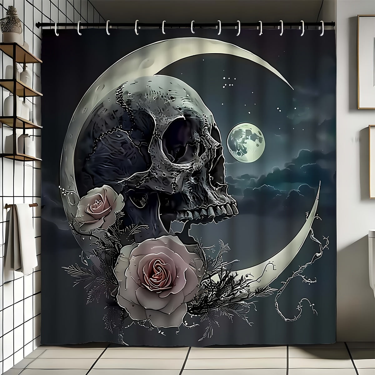 1/4pcs Creative Skull and Moon Bathroom Set, Full Set, Non-Slip Bath Mat, U-shaped Carpet, Toilet Mat, High Quality Shower Curtain with 12 Durable Hooks, Exquisite Bathroom Decorations and Accessories, Suitable for All Styles