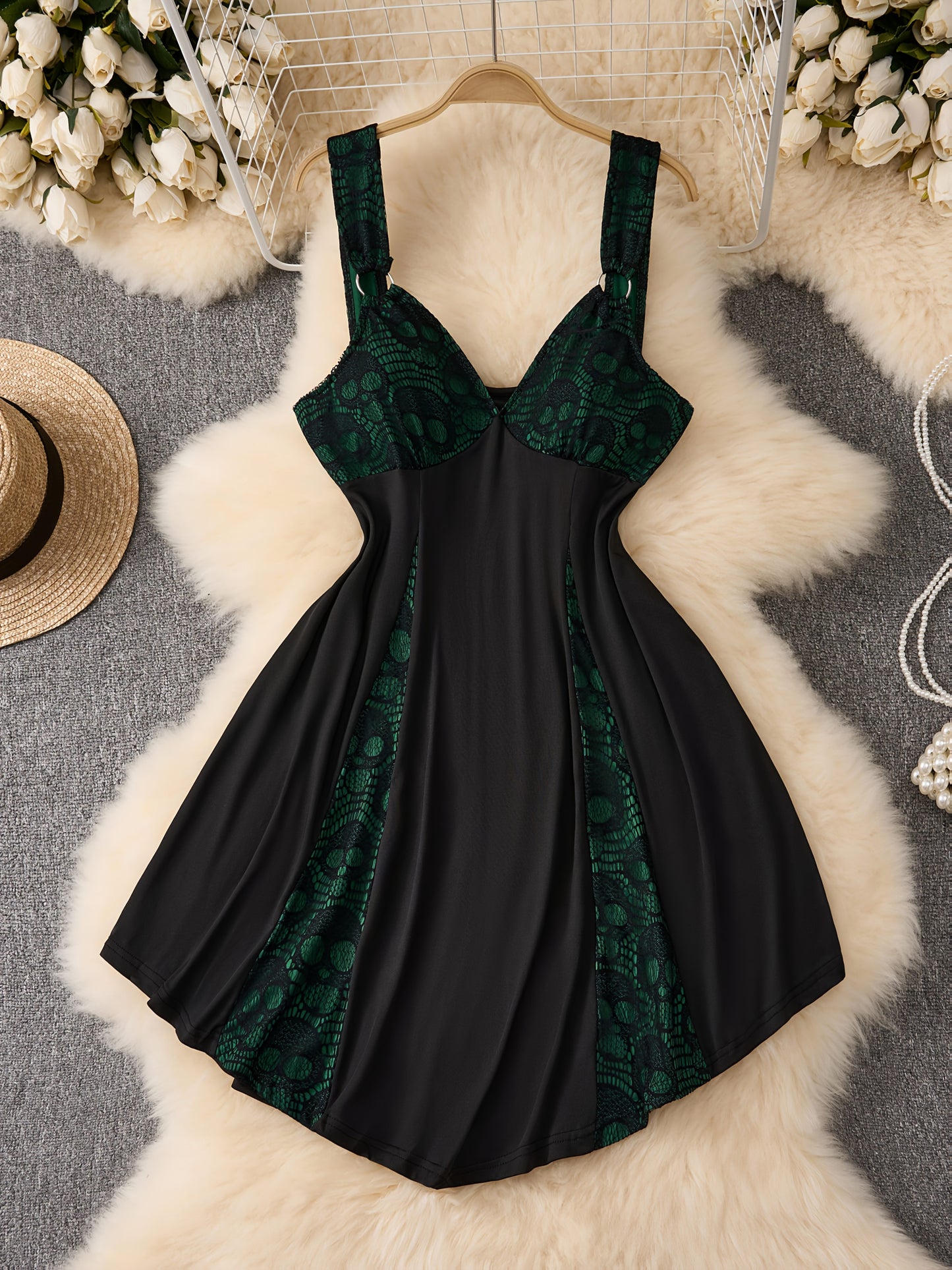 [Gothic Punk Lace Dress] Gothic Punk Lace Dress - Plus Size V-Neck Sleeveless Stretchy Black Dress with Skull Head Detail | Perfect for Parties and Events, Women's Gothic Dresses