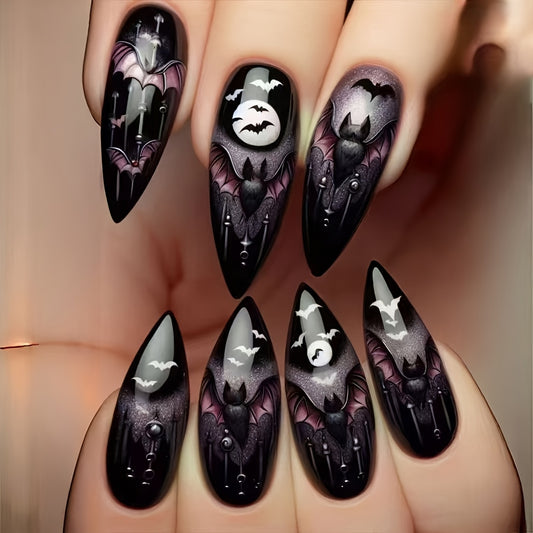 24pcs Halloween Moonlit Bat Nail Art Set: "Moonlit Night" Atmosphere, "Bat Shock" Highlighting Halloween Elements and Thrill Wearable Removable Nail Extensions