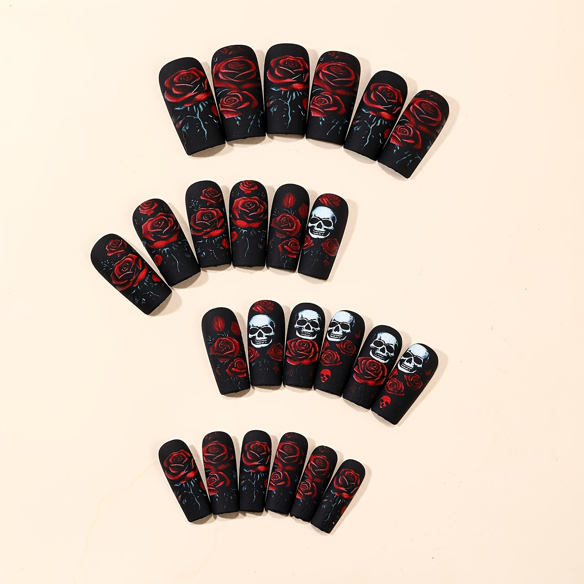 [24pcs Halloween Press On Nails] 24pcs Halloween Press On Nails | Medium-Length Square Matte Dark Rose Skull Pattern | Full Coverage Reusable False Nail Set for Women's Holiday Party Nail Art Decoration
