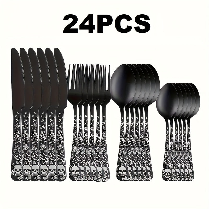 16/24pcs Gothic Design Cutlery Service for 4/6/8, Premium Stainless Steel Flatware Includes Spoon Fork And Knife, Cool Silverware with Skull&Rose Pattern, Nice Gift for Dark&Rock Lover/Halloween/Day of The Dead/Cinco De Mayo/