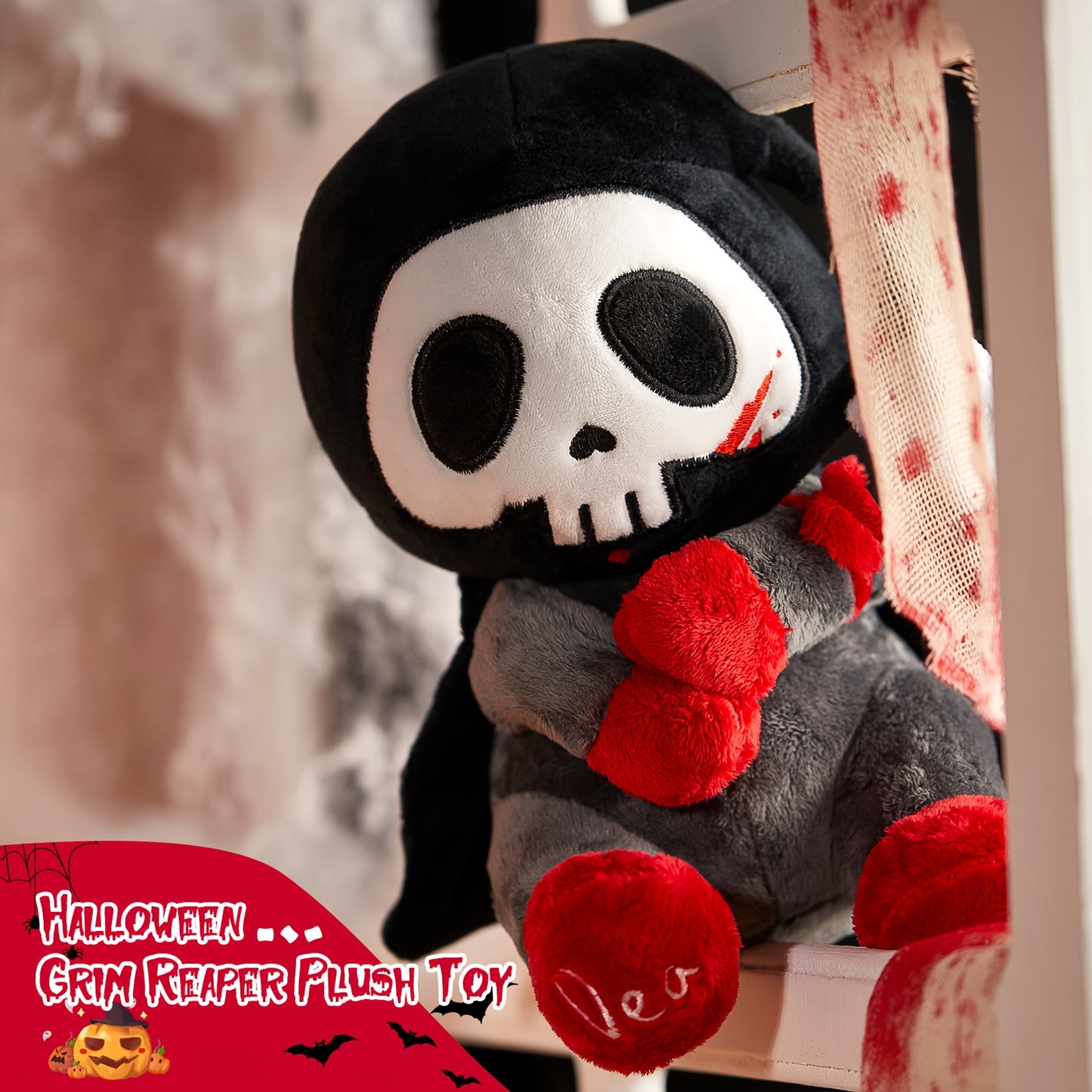 10" Otto Reaper Plush Toy, Halloween Skull Grim Reaper Stuffed Animal with Black Cape And Detachable Reaper Scythe, Funny Doll Skull Death Plushies Holiday Plush Toy Doll, Halloween Decor, Spooky Decor, Holiday Decoration, Go