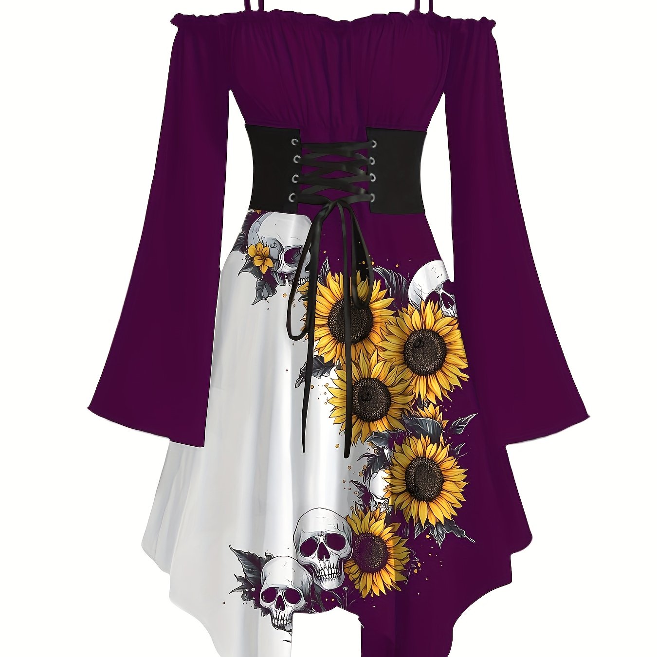 Women's Gothic Victorian-Inspired Sunflower & Skull Print Maxi Dress - Lace-Up Front with Ruffled Off-Shoulder Spaghetti Strap, Asymmetrical Hem & Bell Sleeves, Machine Washable A-Line Silhouette for Halloween, Themed Parties