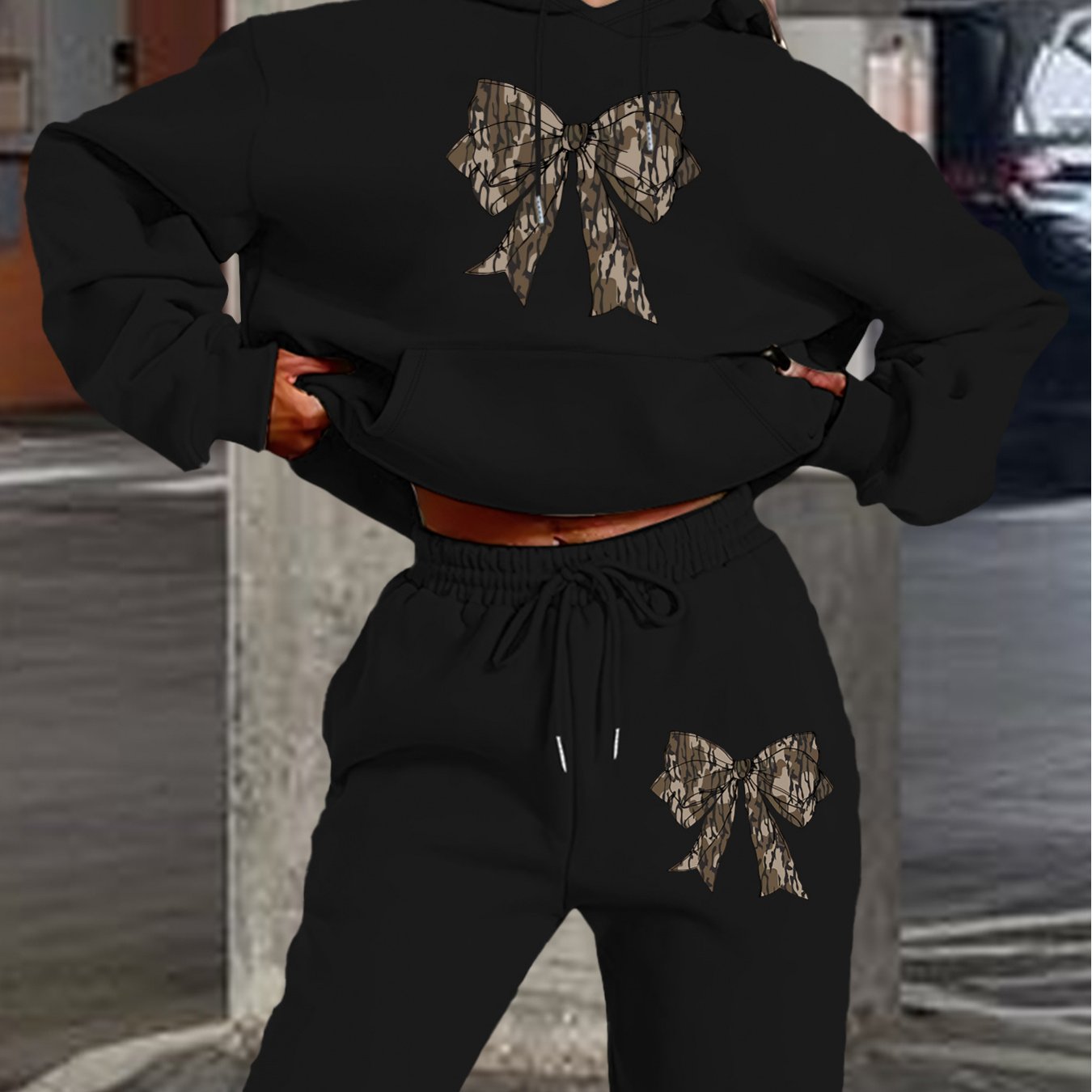 2024 Women's Navy Blue Hoodie & Jogger Set with Camo Bow Detail - Casual Long Sleeve, 100% Polyester Outfit, Machine Washable, Perfect for Fall/Winter