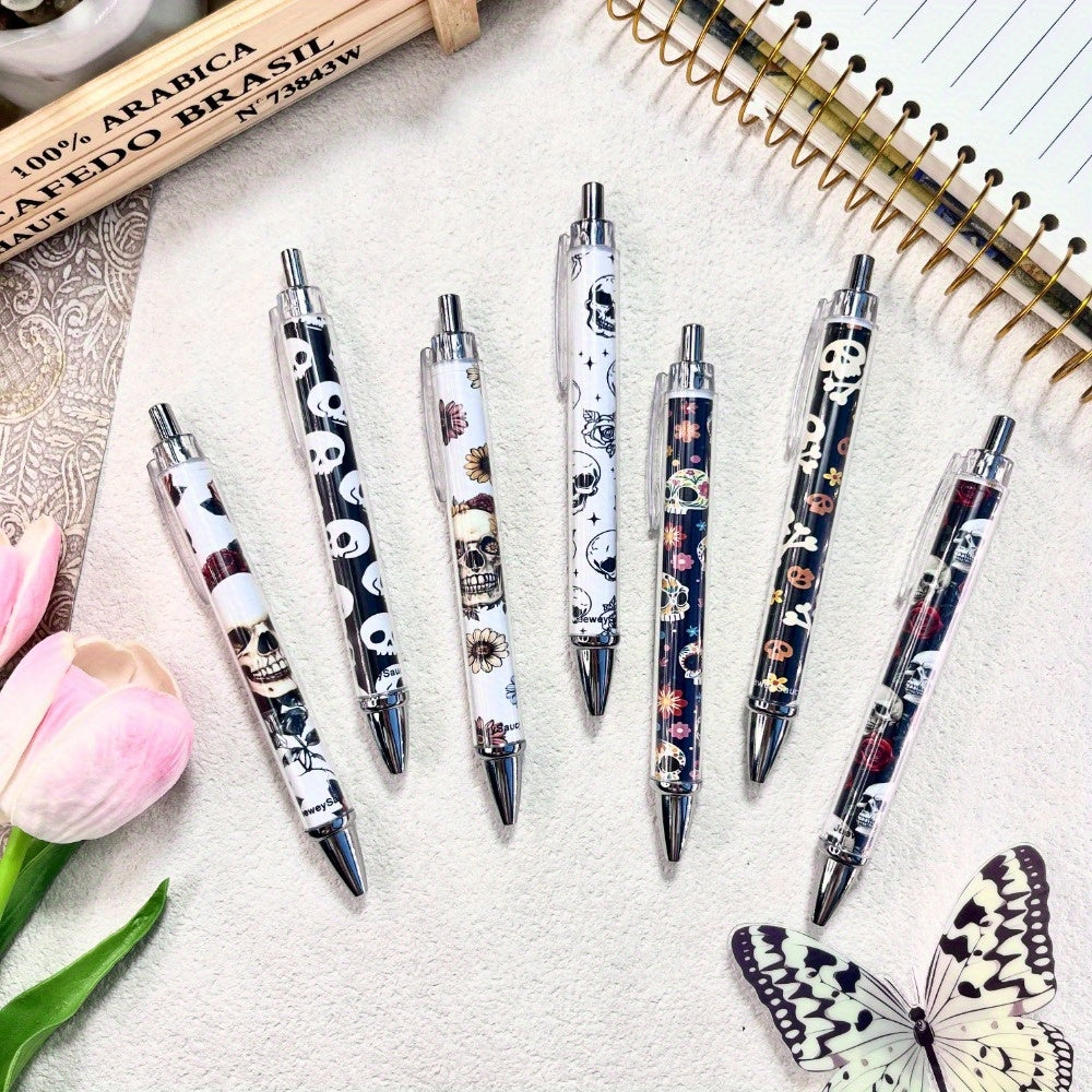 7pcs 7pcs Day of the Dead Skull Magnetic Gift Round Ballpoint Pen - Skull Flower Reading Black Ink Writing Pen, Suitable for Women Book Lovers Office Teachers Writing Supplies