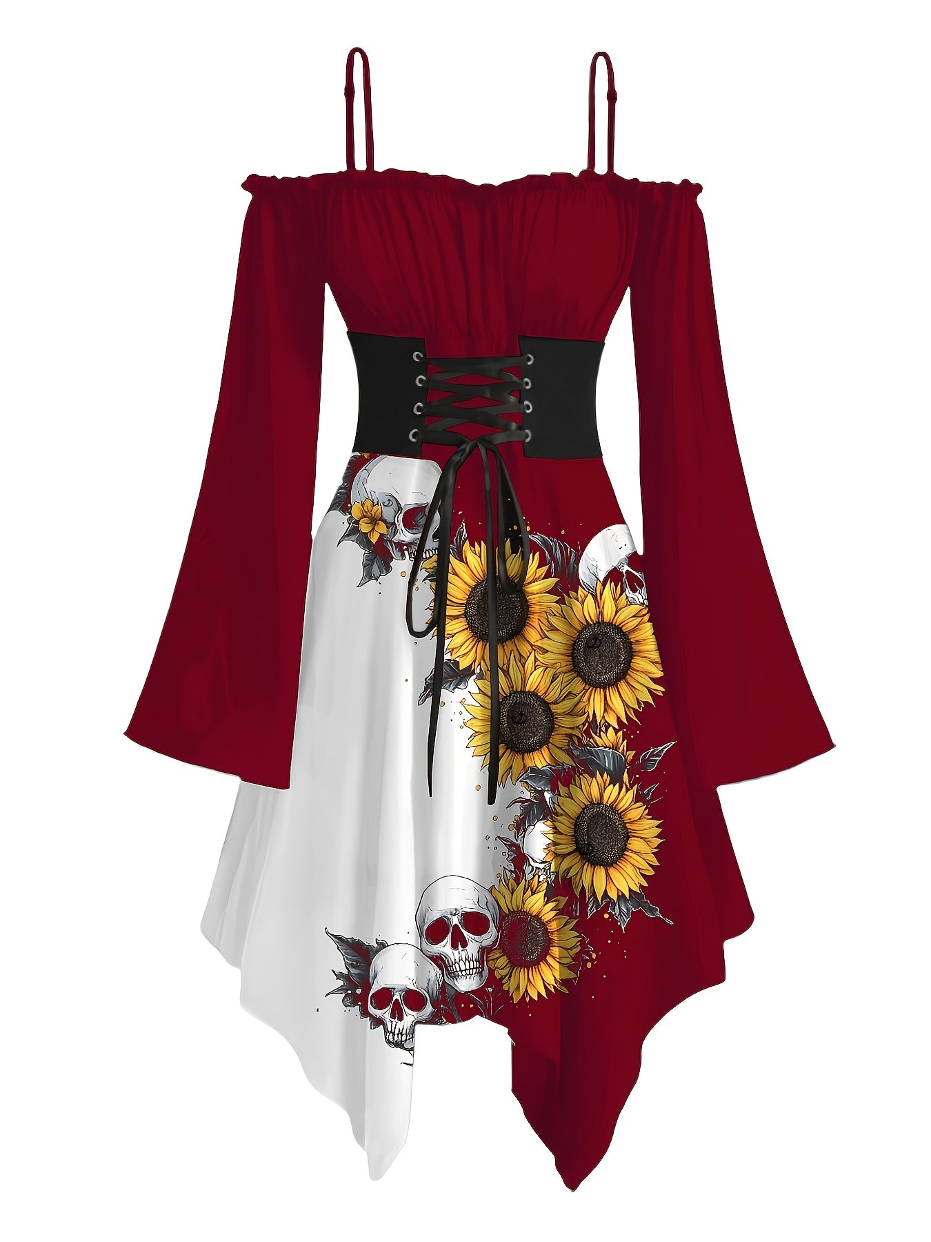 Women's Gothic Victorian-Inspired Sunflower & Skull Print Maxi Dress - Lace-Up Front with Ruffled Off-Shoulder Spaghetti Strap, Asymmetrical Hem & Bell Sleeves, Machine Washable A-Line Silhouette for Halloween, Themed Parties