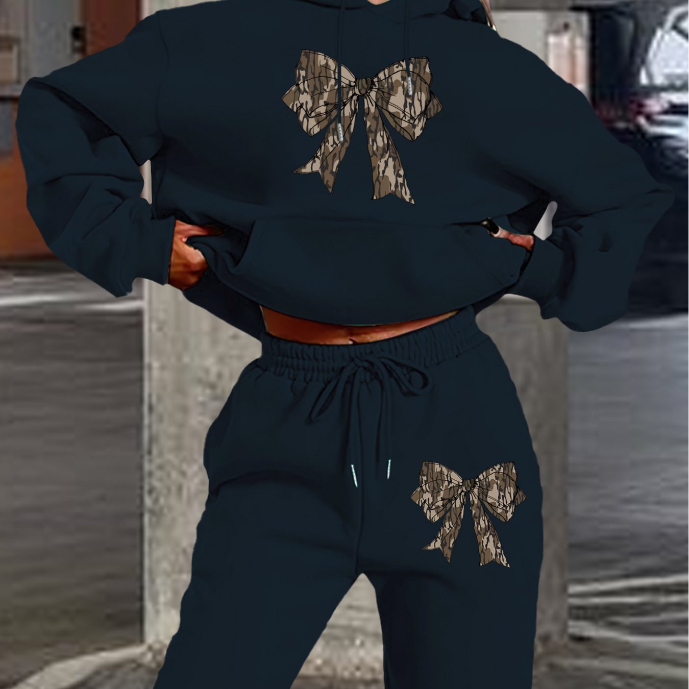 2024 Women's Navy Blue Hoodie & Jogger Set with Camo Bow Detail - Casual Long Sleeve, 100% Polyester Outfit, Machine Washable, Perfect for Fall/Winter