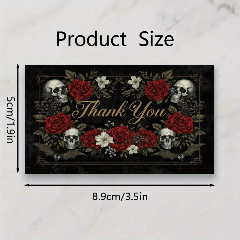 100pcs Gothic Skull Rose Thank You Cards - Elegant Black & Red Floral Design with "Thank You" Message, Perfect for Halloween, Business, and Thank You Notes - Ideal for Adults and Teens, Halloween Decorations