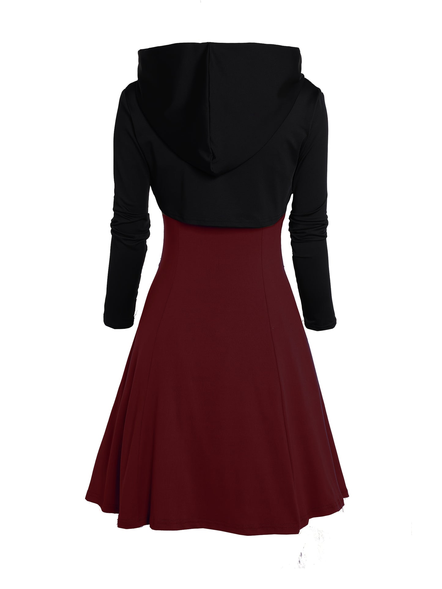 Unique Gothic Style Two-Piece Set: Rock Gothic Metal Piece Decorated V-Neck Vest Dress with Hooded Long Sleeve Top, Detachable Chain Vest Skirt and Curved Hem Caped Long Sleeve Shirt, Versatile Separates Women's Outfit for Pa