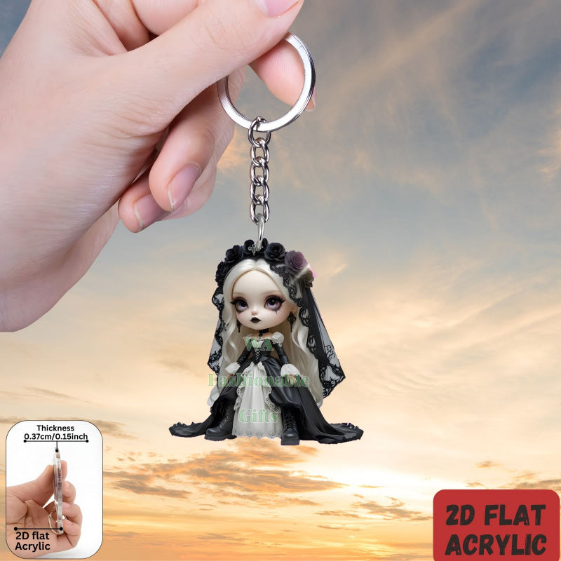 2D Flat, 1pc or 6pcs Gothic Horror Doll Keychain - Cute Gothic with Expressive Eyes, Flat 2D Flat Design with Black Hair & White Face Paint - Compatible with Backpacks, Cars, Phones, Keys - Spooky Accessory for Halloween, Chr