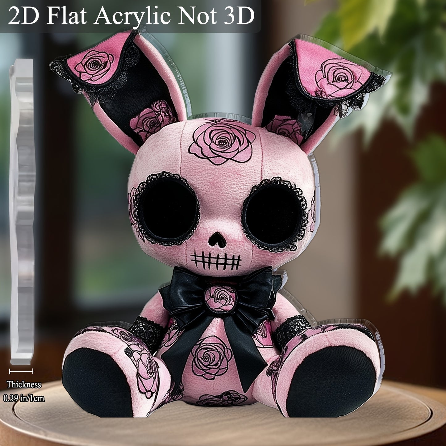 2D Flat, 1pc Gothic Style Bunny Plush Toy Acrylic Desktop Decor - Black & Pink with Rose Accents, 5.91" x 5.11", No Batteries Needed, Perfect for Office, Bar, Cafe, Valentine'S Day, Easter, or Gift for Friends, Cute Decor, Ba