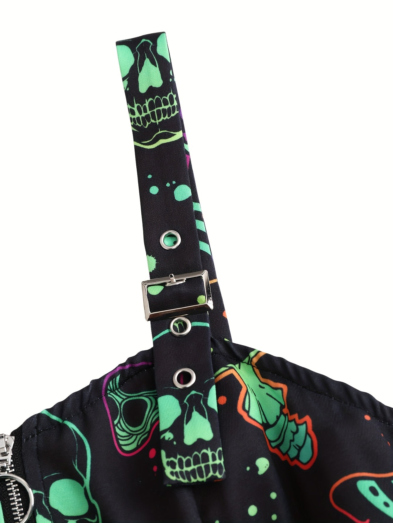 Women'S Casual Skull and Mushroom Print Zipper Dress with Strapless Collar and Tie Detail, 100% Polyester, All-Season Slip, Woven Fabric, 190 g/m² - Perfect for Adult
