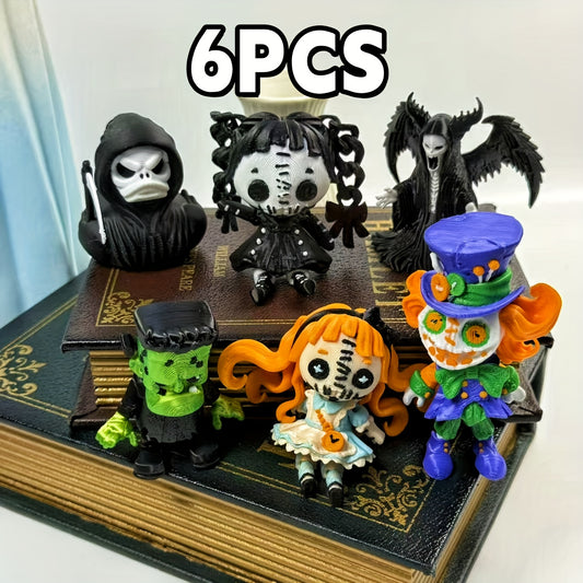 6pcs Gothic Horror-Themed Collectible Dolls & Little Green Men Set with Unique Expressions & Poses - Spooky Home Decorations for Indoor/Outdoor Use, Durable Plastic Construction, Ideal for Halloween, Christmas, Birthday Party