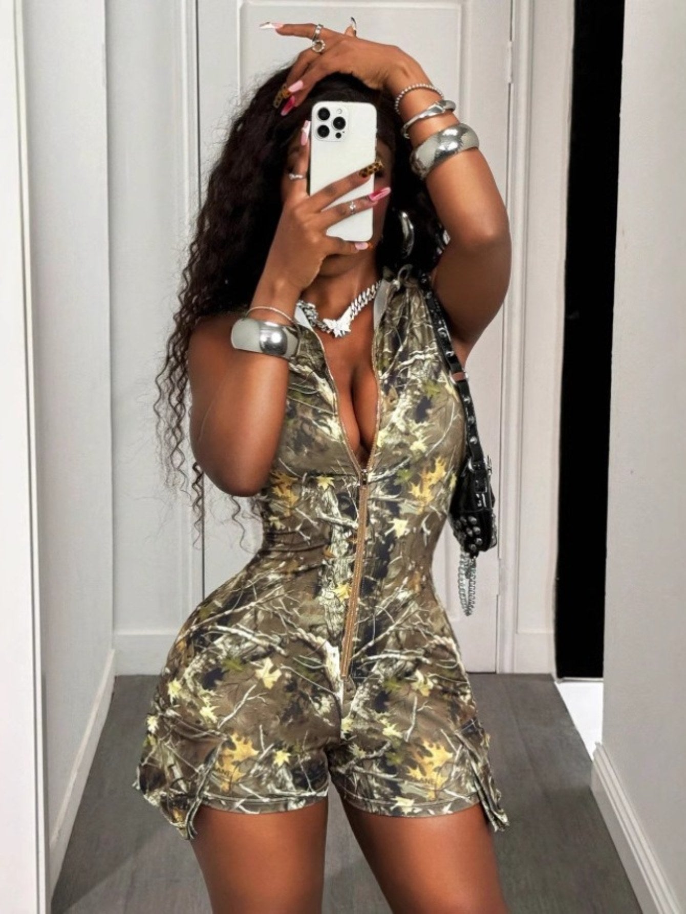 Women'S Sexy Camouflage Print Jumpsuit - Deep V-Neck Short Sleeve Stretchy Slim-Fit Romper with All-Over Green/Brown/Beige Camo Pattern, Round Neckline & All-Season Versatile Style for Casual to Semi-Formal Outfits (D9756), J