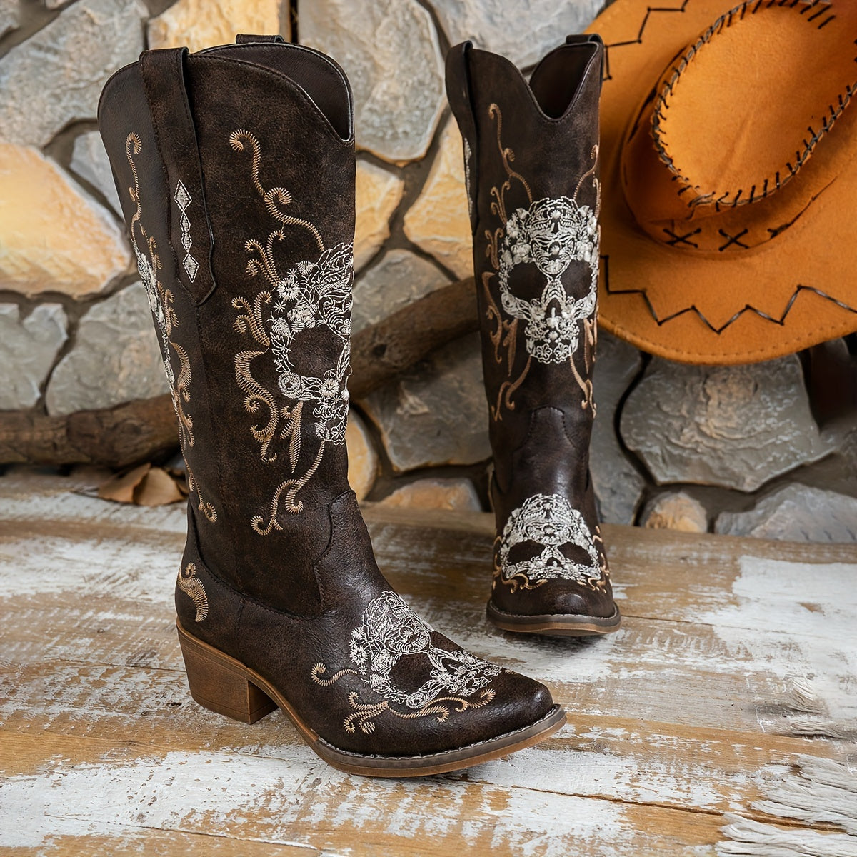 Women's Retro Embroidered Skull Western Cowboy Boots - Slip-On Chunky Mid-Heel Square Toe, Faux Cover & TPR Outsole, All-Season Comfort for Halloween, Casual & Themed Events, Cowboy Accessories, Themed Event Footwear, Durable