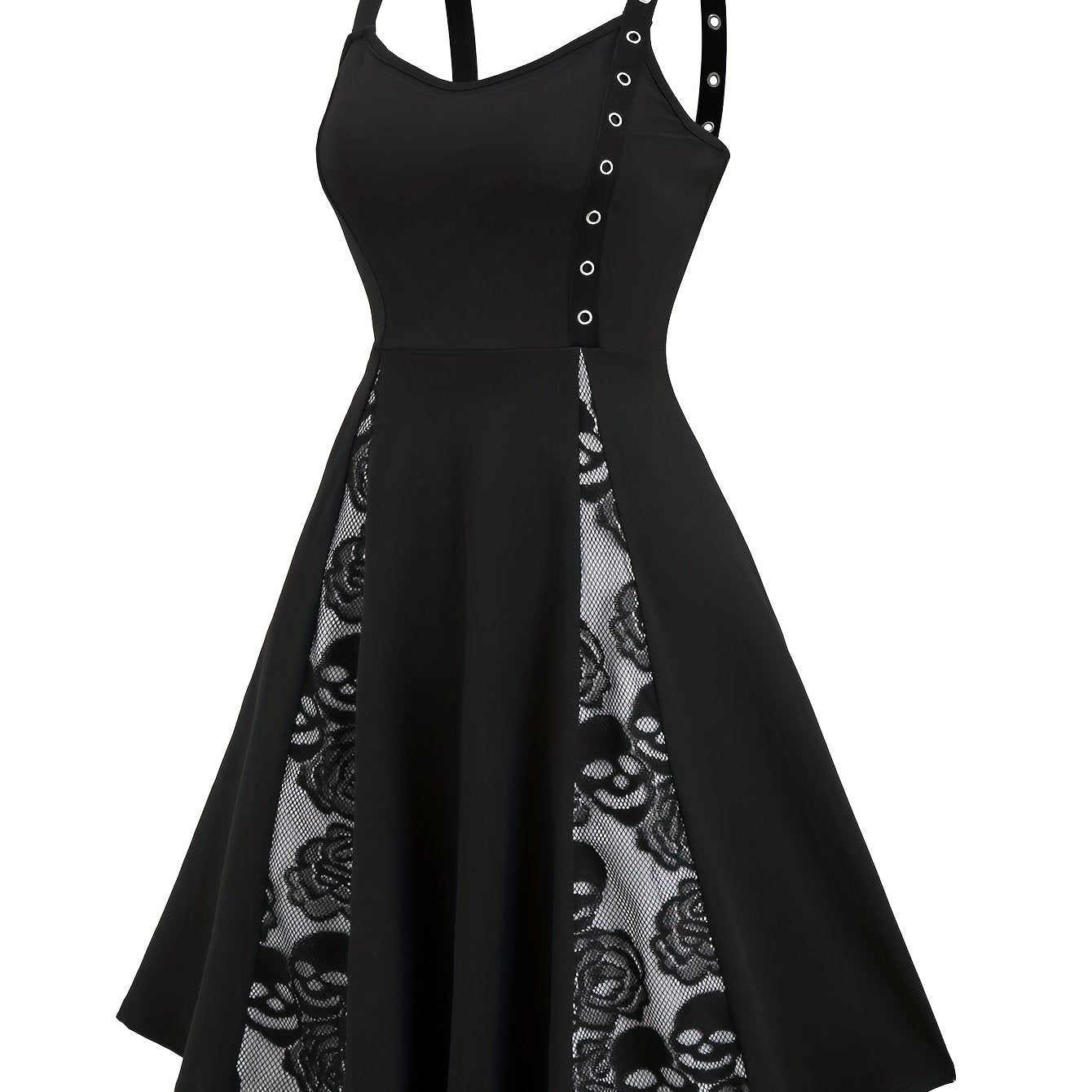 Elegant Off-Shoulder Black Dress with White Lace Panel & Skull Detail - Vintage-Inspired, Stretchy Polyester Blend, Machine Washable - Perfect for All Seasons