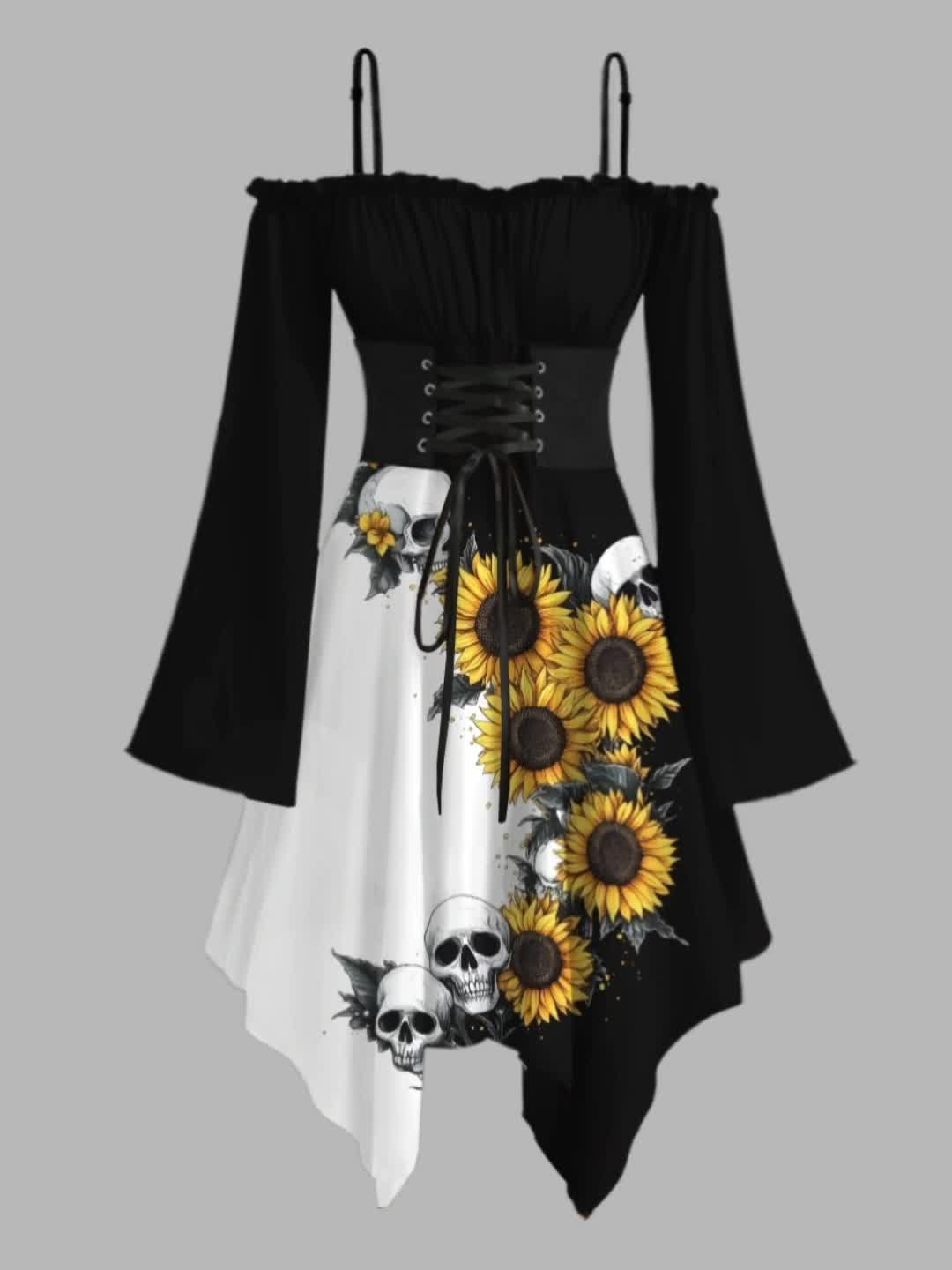 Women's Gothic Victorian-Inspired Sunflower & Skull Print Maxi Dress - Lace-Up Front with Ruffled Off-Shoulder Spaghetti Strap, Asymmetrical Hem & Bell Sleeves, Machine Washable A-Line Silhouette for Halloween, Themed Parties