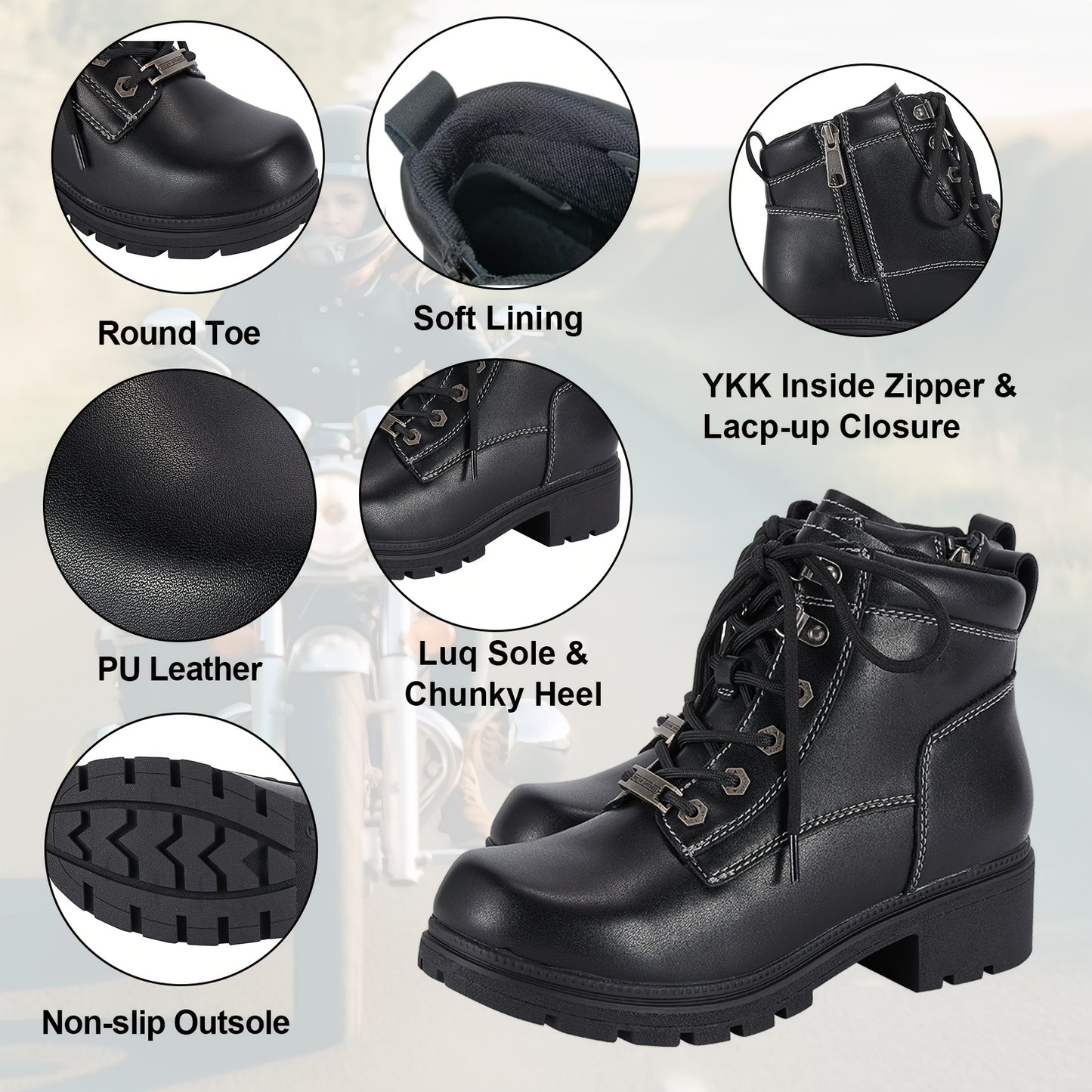 [Womens Low Heel Biker Boots] Black Faux Leather Womens Lace Up Motorcycle Riding Boots | Side Zipper, Ankle Booties, Biker Boots, Combat Boots For Ladies With Low Heel, Non-Slip, Square Toe, For All-Season Riding Shoes