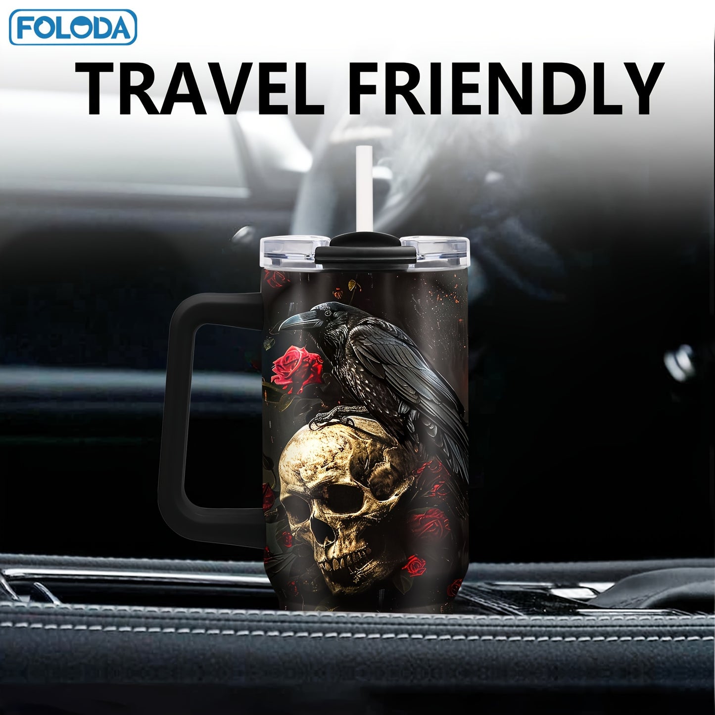 [Cool Skull Tumbler] Foloda 1pc Stainless Steel 40oz Tumbler with Lid Handle Straw, Cool Skull Raven, Gothic Skull Coffee Mug, Travel Cup, Birthday Gifts for Skeleton Lovers, Horror Lovers Christmas Gifts for Halloween Gift O