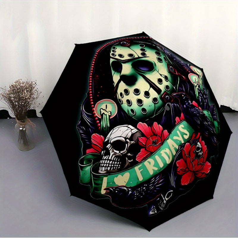 Jason Voorhees Inspired Automatic Folding Umbrella - Horror Movie Design with Jason, Friday the 13th, Halloween - Compact Travel Umbrella, Durable 8-Rib Shaft, Automatic Open/Close, Perfect Gift for Horror Fans & Jason Voorhe