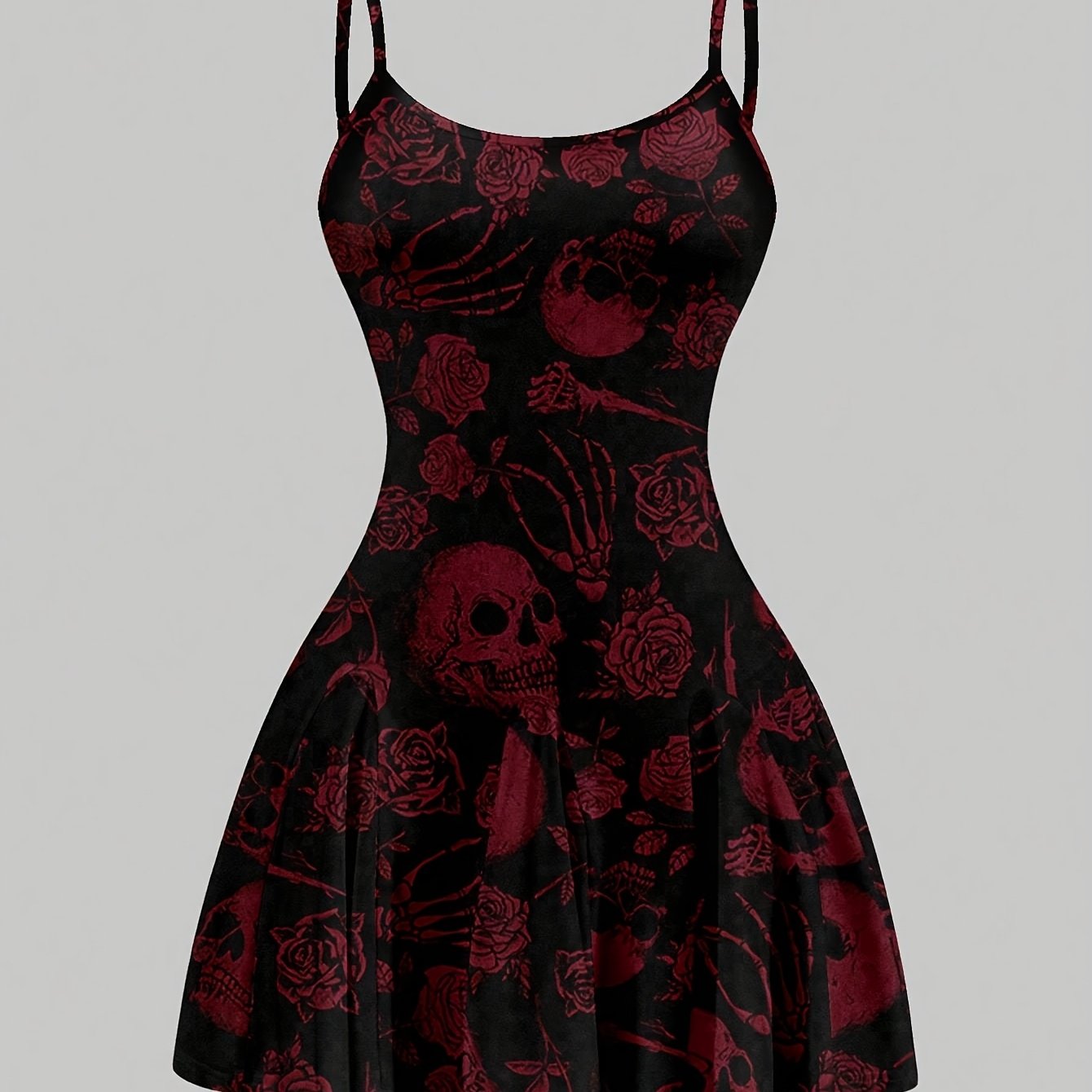 [Edgy Gothic Dress] Edgy Black Y2K Gothic Dress | Women's Stretchy Spaghetti Strap Fitted Top & Flowy Skirt, Deep Red Floral Skull Print, Machine Washable All-Season Party & Casual Outfit, Retro Dresses, Statement Piece, Comf