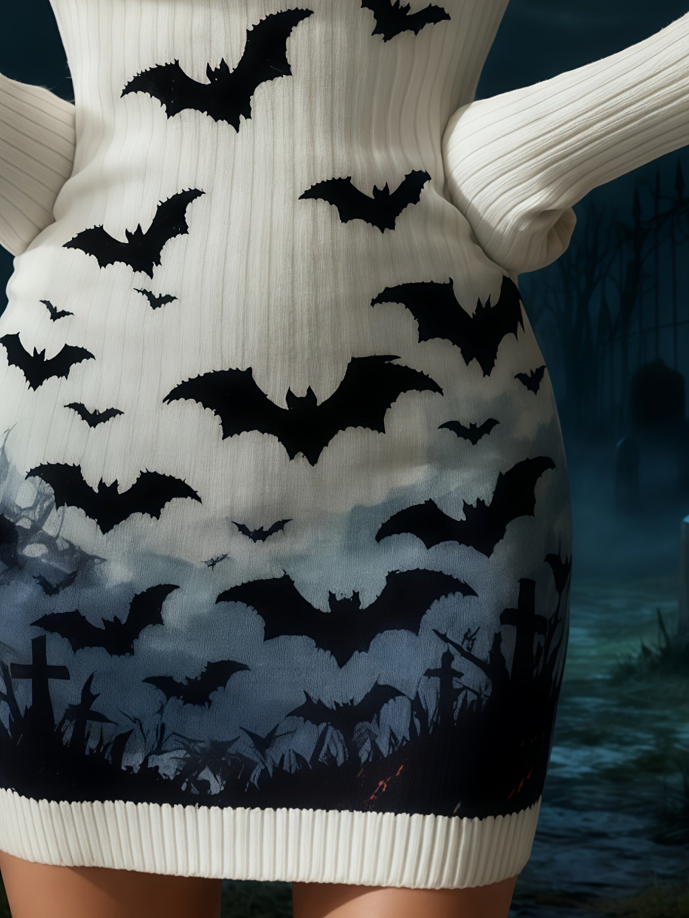 Women'S Gothic Bat Print V-Neck Long Sleeve Slim-fit dress - Elegant party & Everyday Outfit - Fall/Winter Formal Casual Dress - Non-See-Through Fabric - Halloween Costume - Easy-to-Wear Chic Attire, Winter Wardrobe, Fall Fas