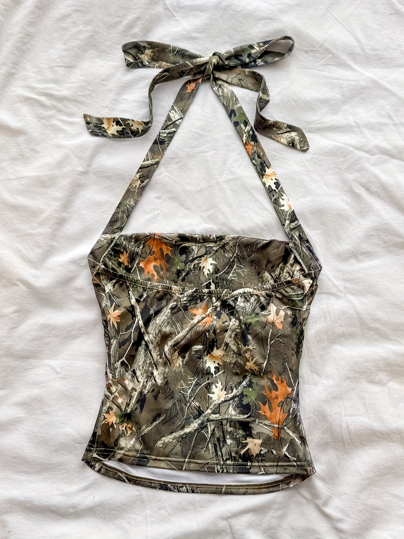 WYWH Women's Y2K Summer Off-Shoulder Camo Tank Top with Adjustable Bow Straps & Ruched Detailing - Breathable Plant Print Vacation Top for Beach, Casual Outings, Summer Tank Tops, Beachwear Essential, Nontransparent Fabric