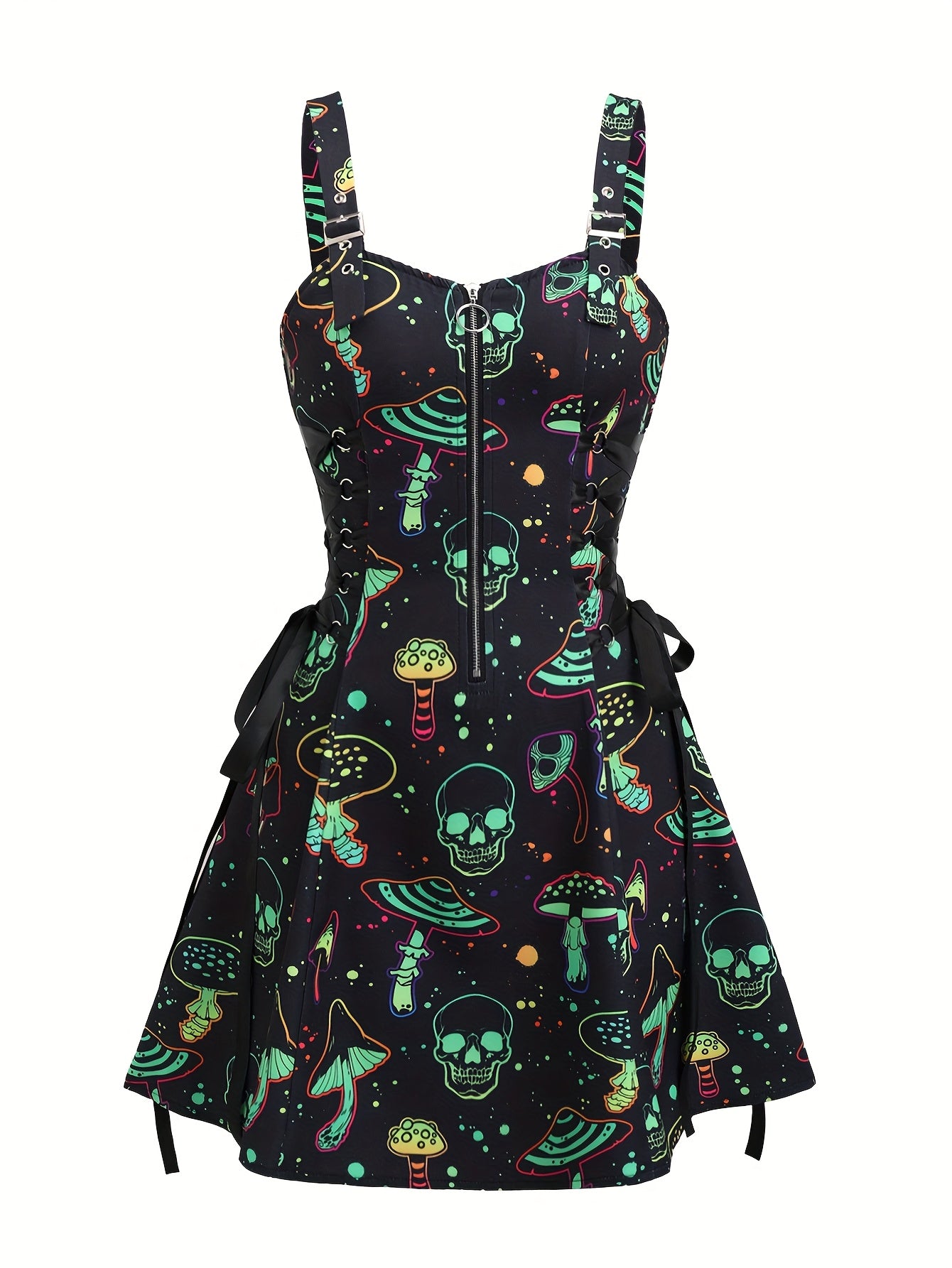 Women'S Casual Skull and Mushroom Print Zipper Dress with Strapless Collar and Tie Detail, 100% Polyester, All-Season Slip, Woven Fabric, 190 g/m² - Perfect for Adult