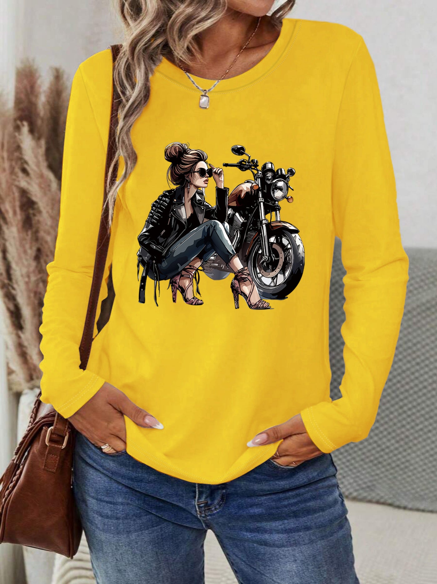 [Vibrant Yellow T-Shirt] Vibrant Yellow Women's Motorcycle Graphic Long Sleeve T-Shirt | Casual Round Neck Spring Summer Top with Geometric Print, Machine Washable, Relaxed Fit, Durable