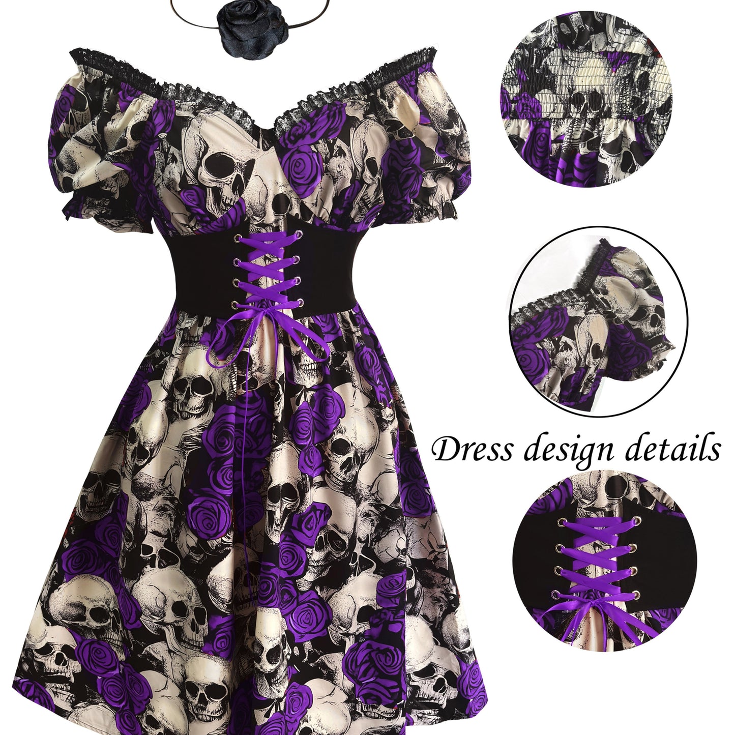 Women's Gothic Y2K Skull & Rose Print Gothic Victorian-Style Dress with Ruffled Hem & Spaghetti Strap - Lace-like Sleeve Neckline, Corset Back Closure, Machine Washable - Elegant Party Outfit for Halloween, Day of the Dead, T