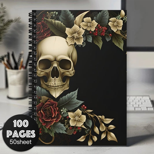 [Gothic Spiral Notebook] Gothic Spiral Notebook Journal - 1pc Witchy Office Supplies, 100 Pages, Black with Floral Skull Design, Perfect for Travel, Daily Writing, and Gothic Mystical Notes, Ideal Gift for Teen Girls, Skeleto