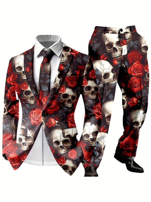 Men'S Halloween Gothic Skull & Rose Print Suit - Slim-Fit Tuxedo-Style Party Suit with Black/Red Contrast, All-Season Formal Attire for Themed Events, Costume Balls & Casual Outfits - Unique Statement Piece for Men, Elegant S