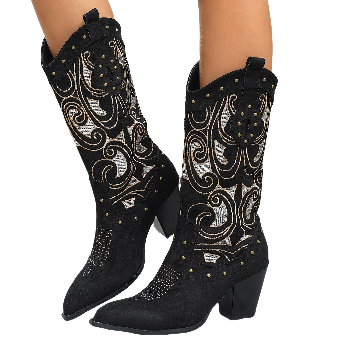 Women'S Gothic Cowboy Boots - Slip-On Mid-Calf Riding Boots with Pointed Toe, Non-Slip Rubber Sole - All-Season Western Boots for Halloween, Christmas, Parties, Everyday - Elegant Gothic Boots for Women (Black) - Easy-Clean F